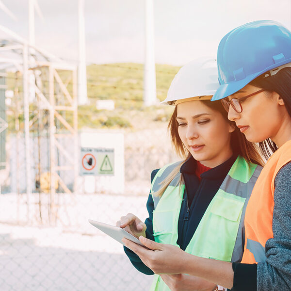 Two female utility workers conducting power checks near power utilities