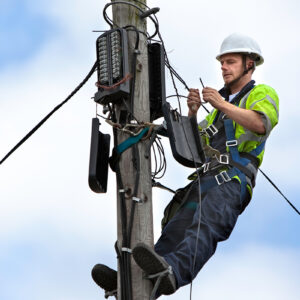 Utilities worker repairing. telephone pylon.